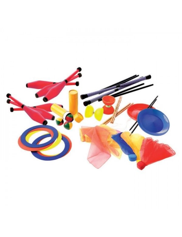 Kit de jonglerie scolaire pour 15 enfants avec massues, balles à jongler, assiettes. Matériel de jonglerie scolaire pas cher