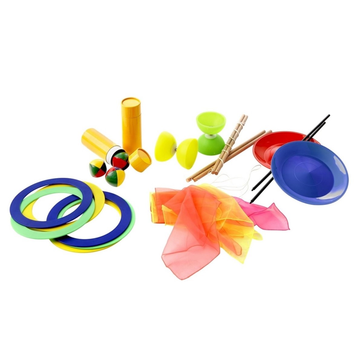 Kit de jonglerie scolaire pour 10 élèves avec anneaux, massues, balles de jonglage à acheter pas cher