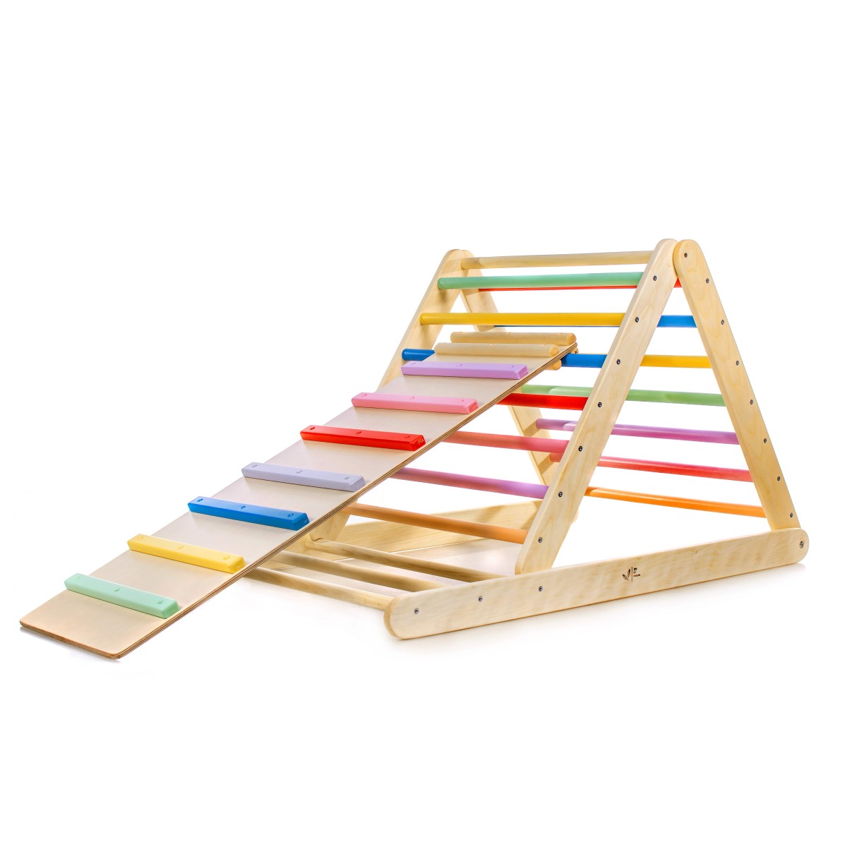 Triangle de Pikler bois arc-en-ciel avec rampe 2 en 1