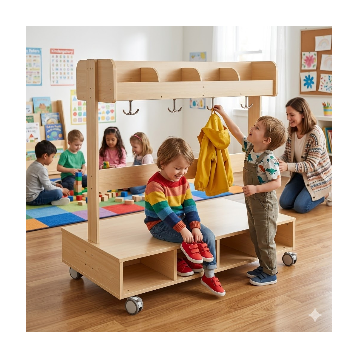 Banc porte-manteaux mobile 8 casiers