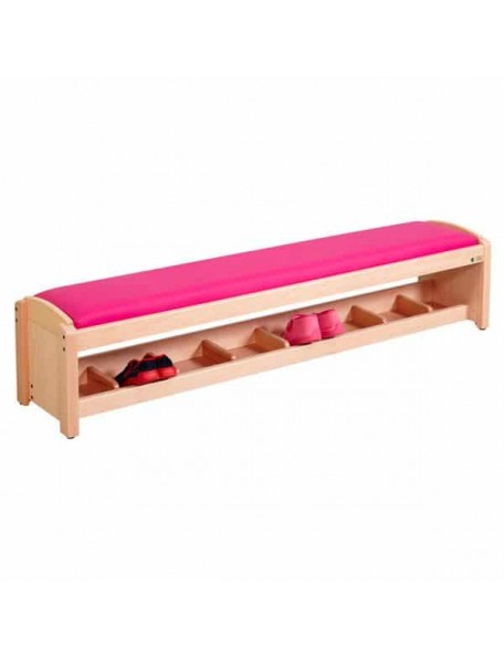 Banc d'accueil avec casiers à chaussures, en bois. Mobilier pour enfants en crèche ou école maternelle