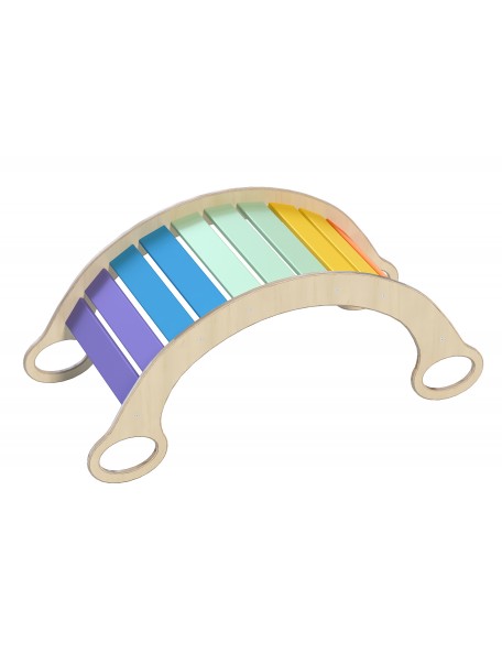 Tunnel Pikler bascule Ce tunnel Pikler à bascule en bois aux couleurs attrayantes (arc-en-ciel) est à la fois une bascule et un 