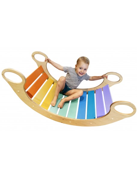 Tunnel Pikler bascule Ce tunnel Pikler à bascule en bois aux couleurs attrayantes (arc-en-ciel) est à la fois une bascule et un 