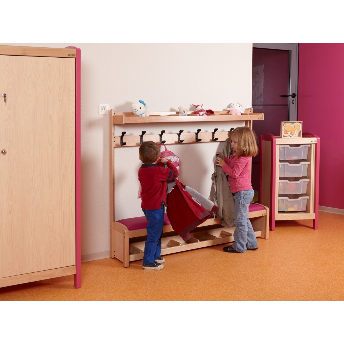 Banc vestiaire pour enfants - 1 - Banc vestiaire pour enfants inclus 1 étagère à 8 casiers en partie haute et 1 étagère à chauss