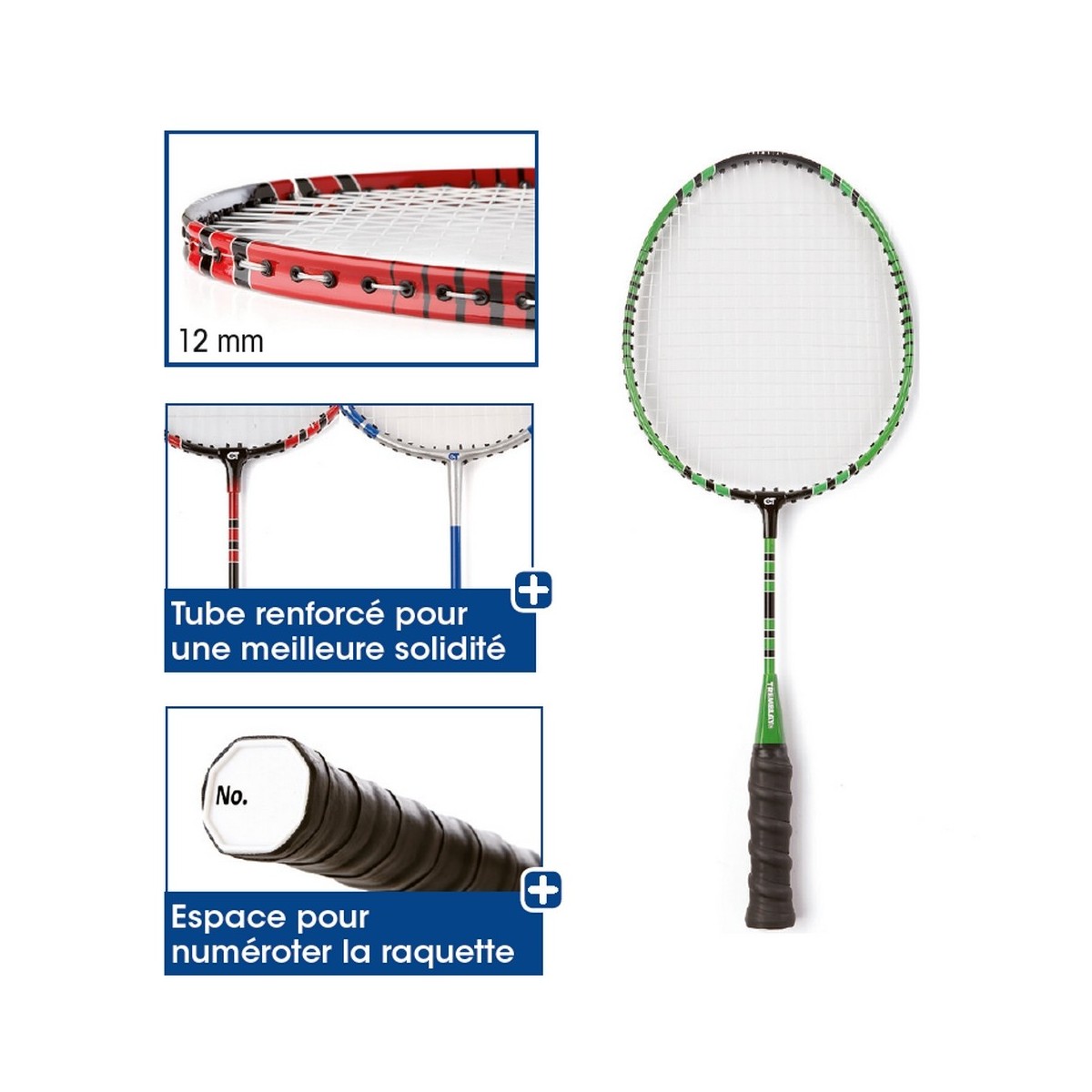 Raquette de badminton scolaire - 1 - Raquette de badminton scolaire, idéale pour l'usage en milieu primaire ou collège. 
3 tail